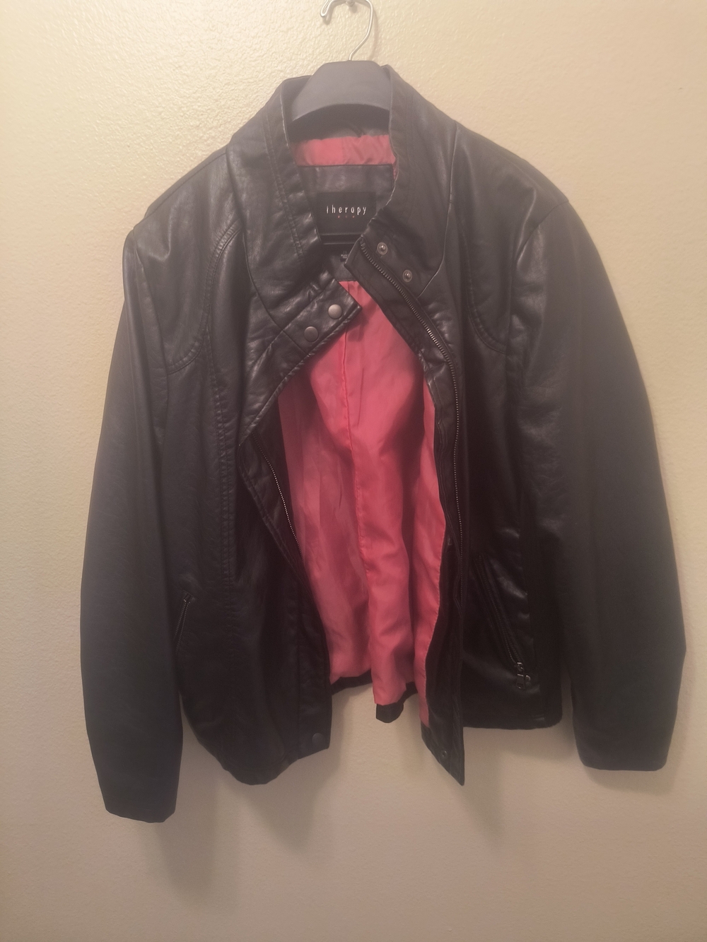 therapy Black Faux Leather Jacket with Pink Lining